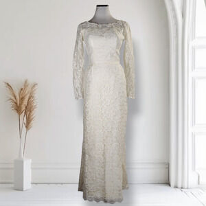 Vintage 50s 60s Ivory Lace Wedding Dress Long Sleeve Column Bridal S 4